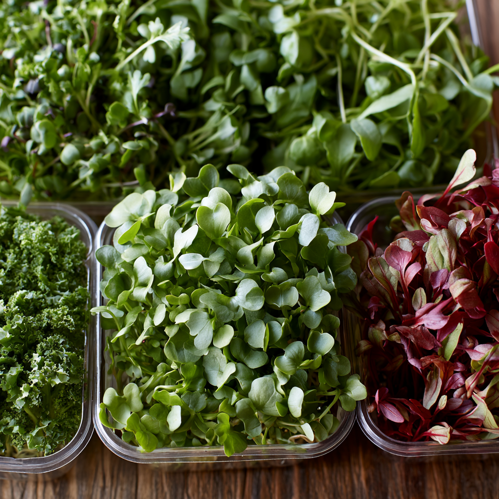 Mehrere Microgreen-Sorten in Anzuchtschalen auf Holz, verschiedene Blattfarben und Texturen.