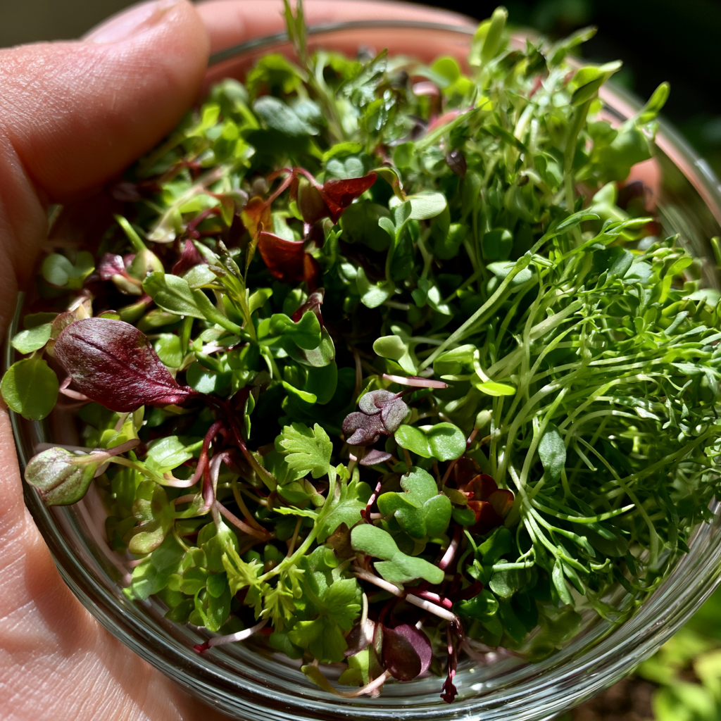 Dichtes Band aus Microgreen-Sorten in flachen Anzuchtschalen.