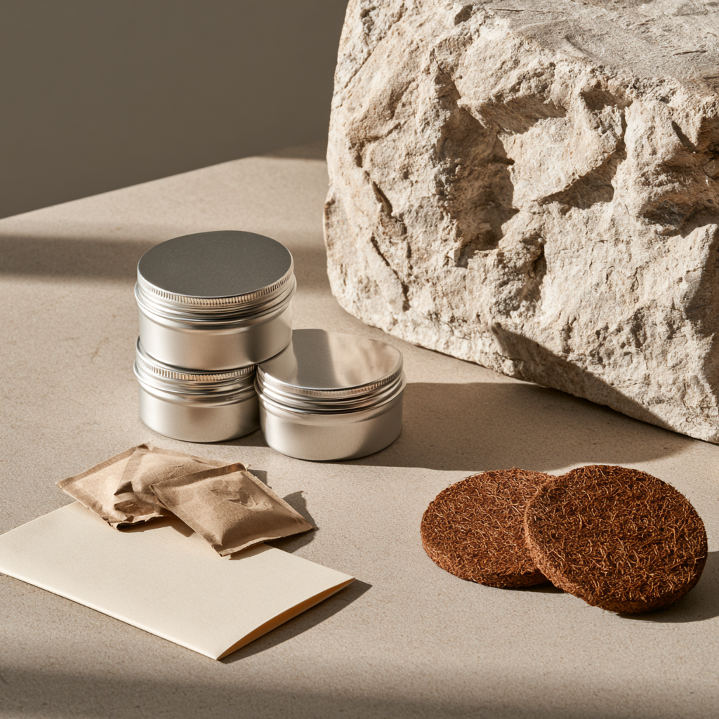 Starter Set auf Stein: Aluminiumdosen, Kokos-Quelltabletten und Saatgutportionen.