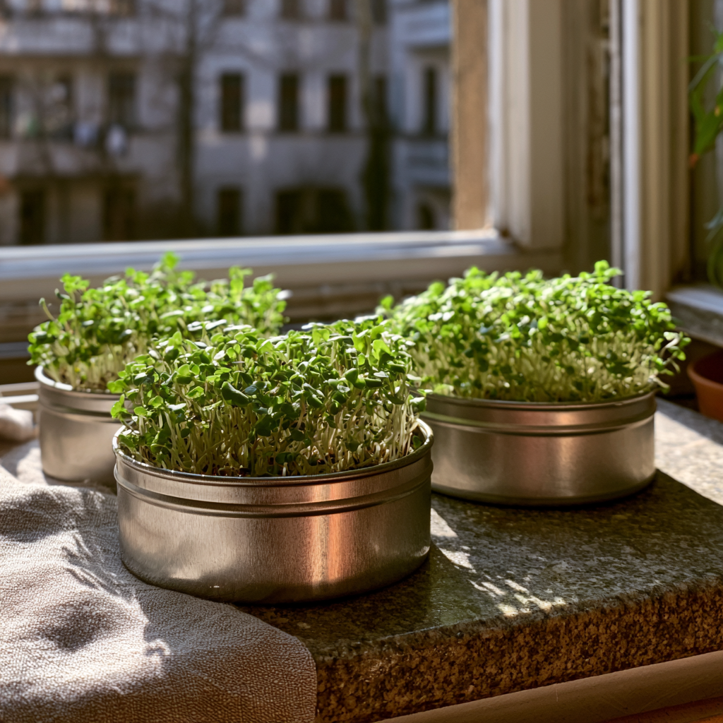 Aluminiumdosen mit Microgreens auf einer Küchenfensterbank, Stadt im Hintergrund.