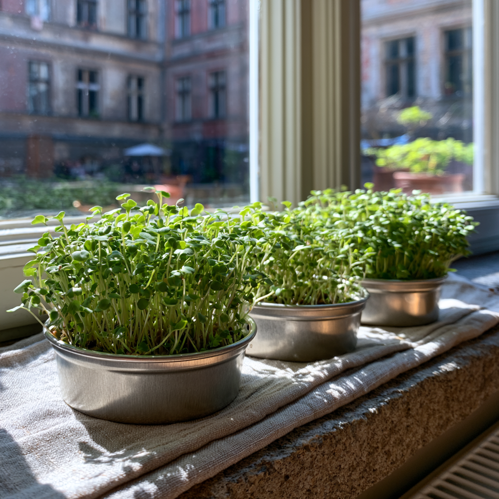 Microgreens in Silberdosen auf der Fensterbank im Tageslicht.