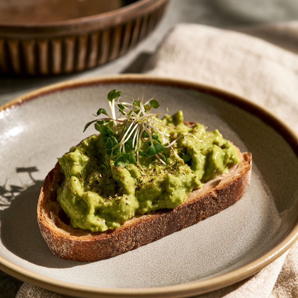 Avocadobrot mit einem Büschel Microgreens auf Keramikteller.