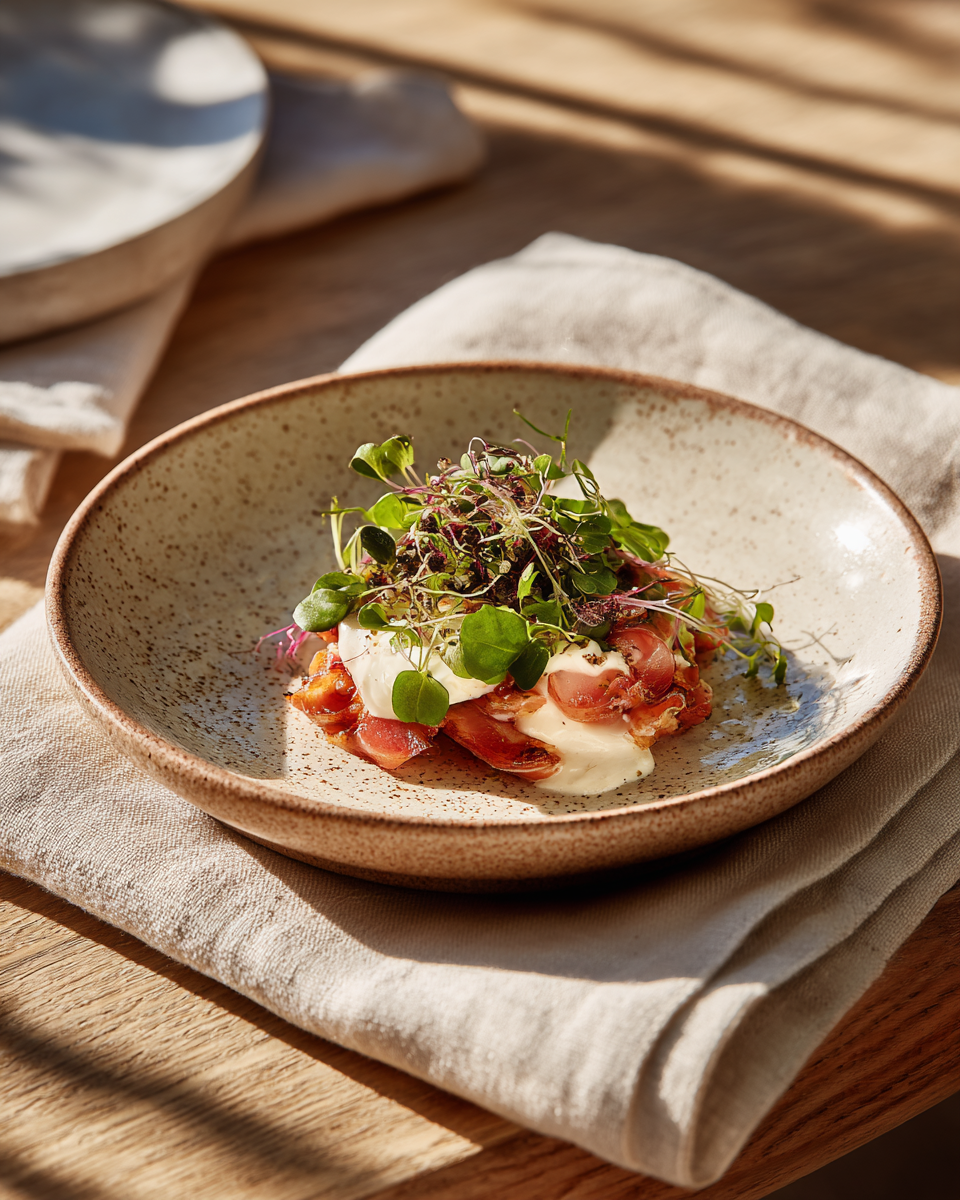 Schale mit Tomaten, cremiger Auflage und einem Büschel Microgreens.