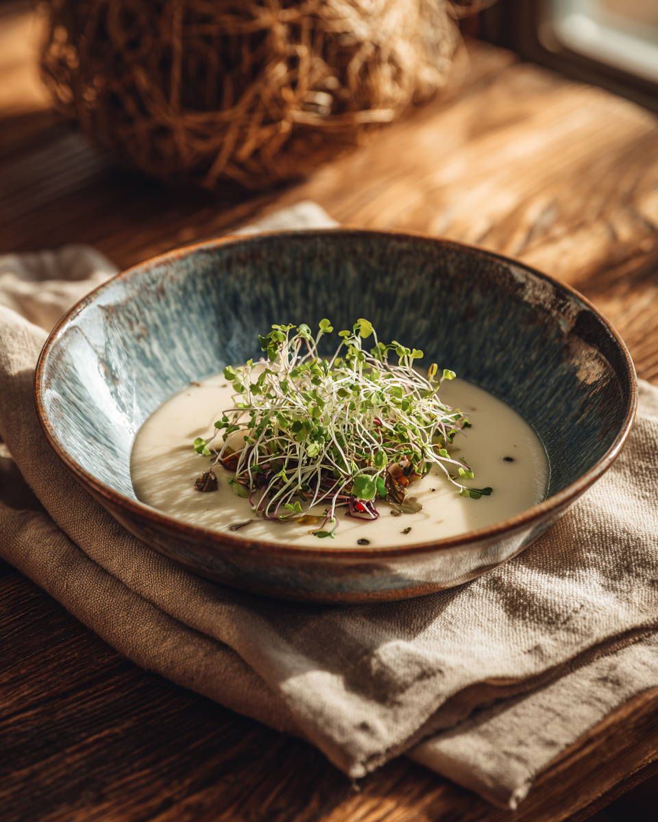 Cremige Suppe in einer Keramikschale, gekrönt mit Microgreens.