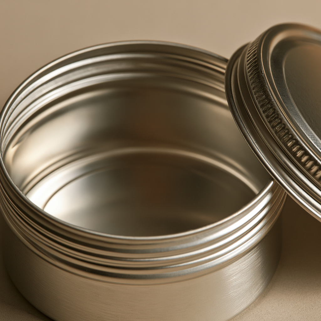Innenseite einer gebürsteten Aluminiumdose, Deckel angelehnt.