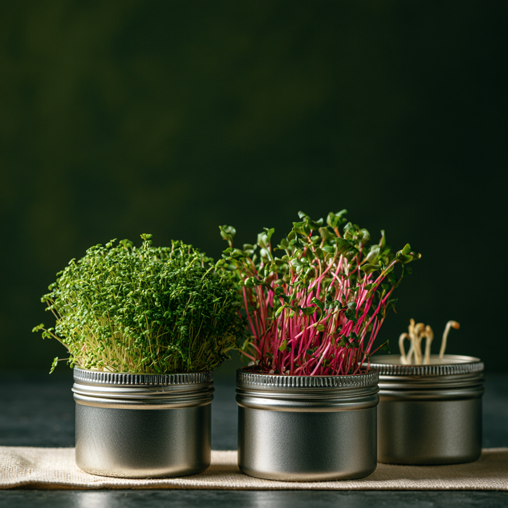 Drei gebürstete Aluminiumdosen mit Microgreens in unterschiedlichen Wachstumsstadien auf Leinen vor dunklem Waldgrün.