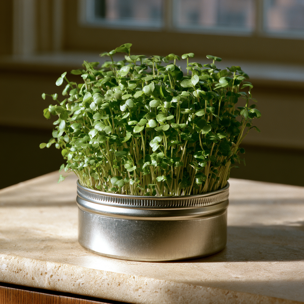 Dichte Microgreens in einer offenen, gebürsteten Aluminiumdose.