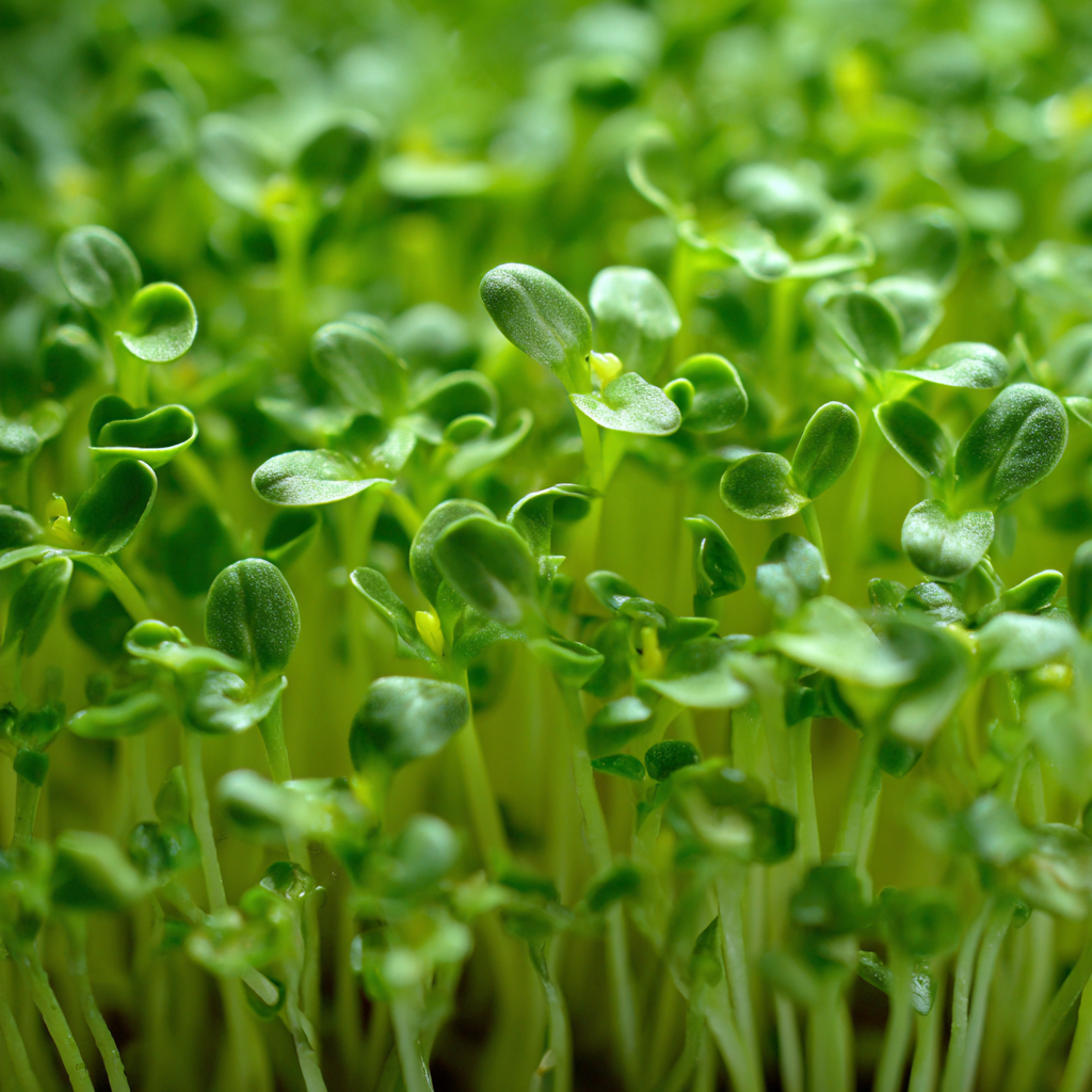 Großblättrige Kresse als Microgreen: zwei breite, herzförmige Keimblätter auf hellen Stielen, dicht im Bestand.