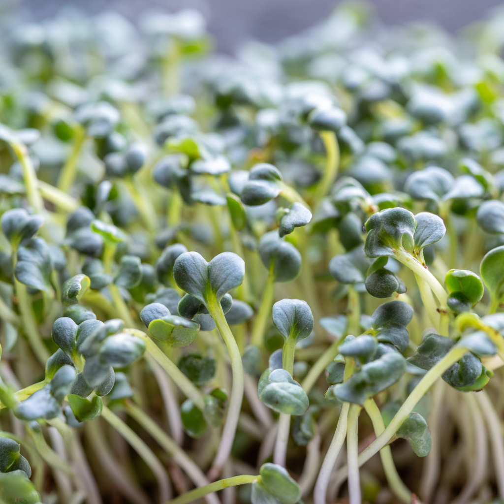 Grünkohl als Microgreen: runde, matt graugrüne Keimblätter mit leicht bläulichem Ton.