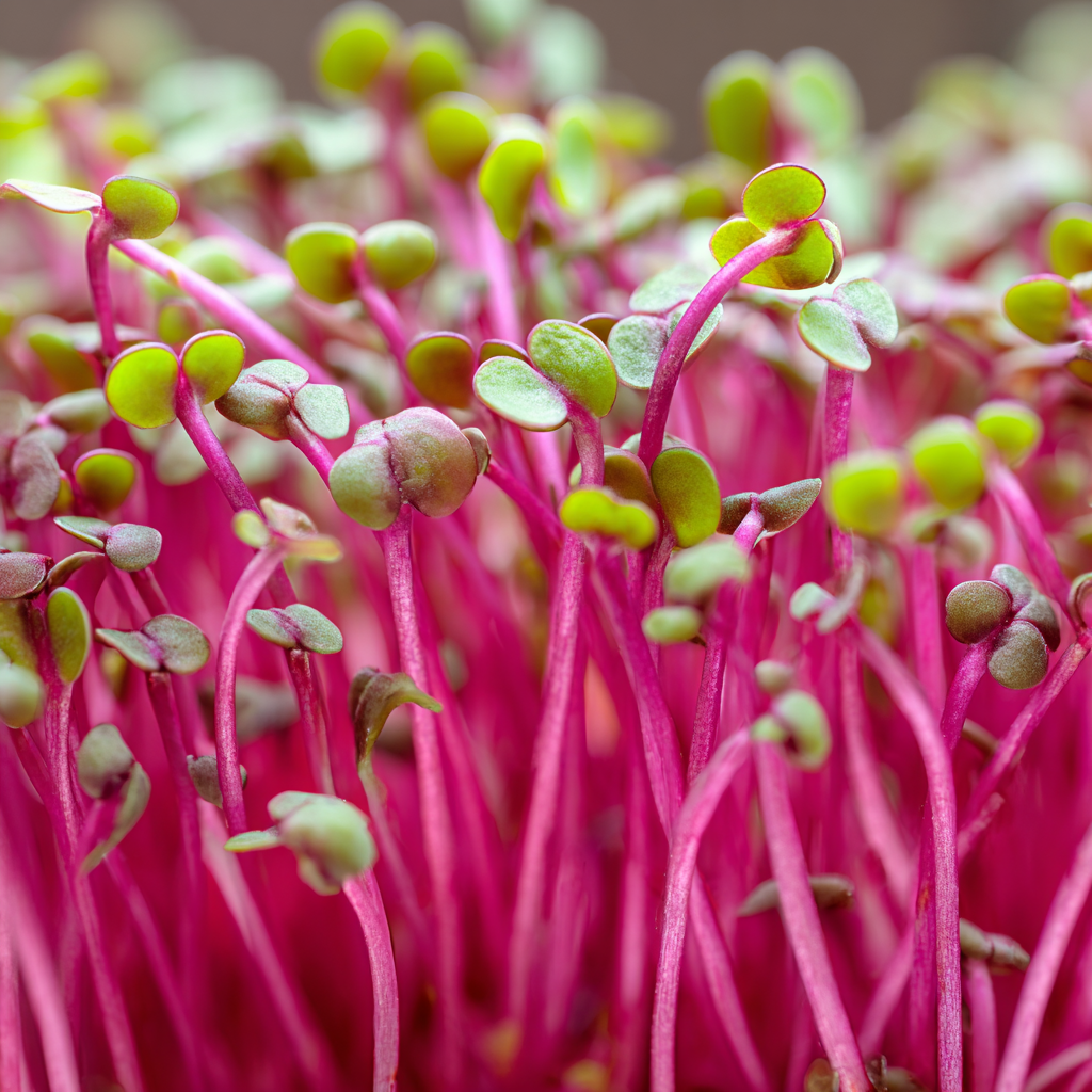 Roter Daikon-Rettich als Microgreen: kräftig magenta-rosa Stiele und herzförmige grüne Keimblätter.