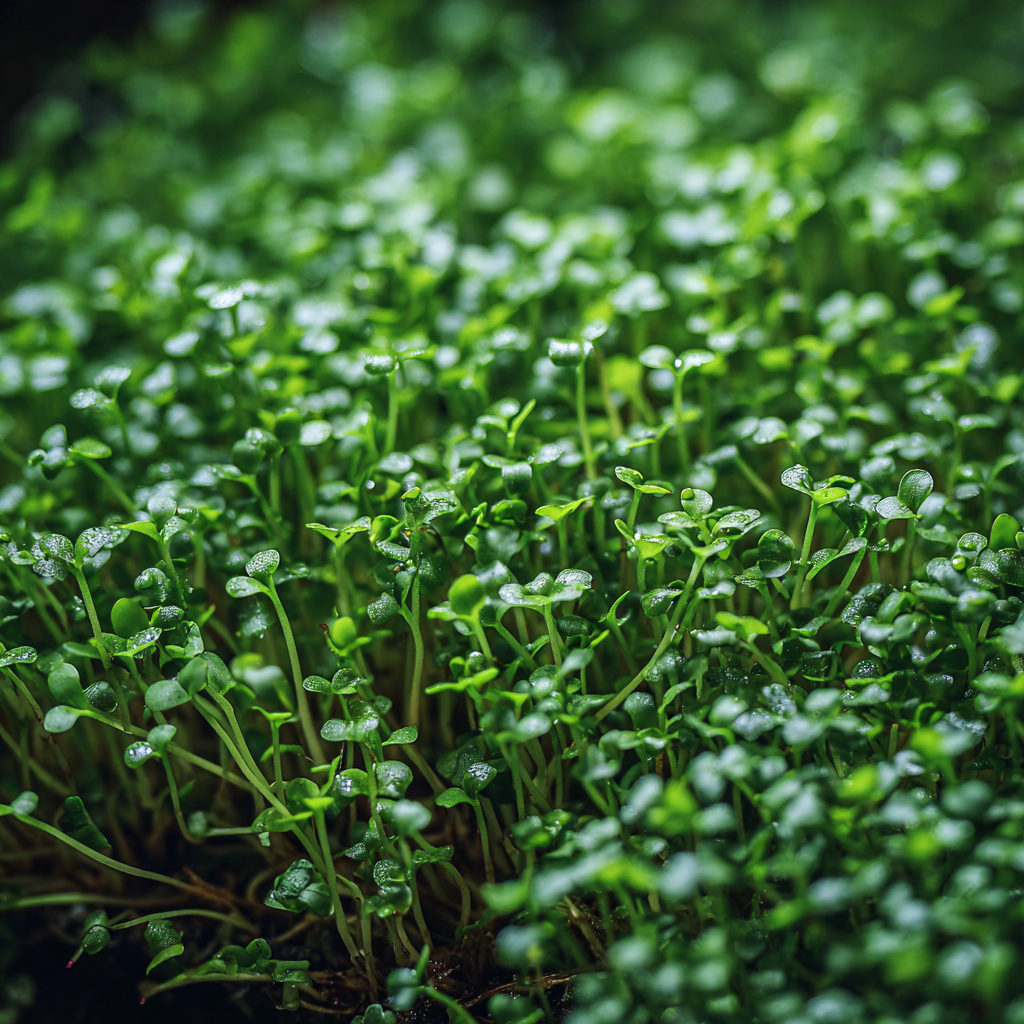 Basilikum als Microgreen: winzige, dunkelgrüne Keimblätter in einem dichten, moosartigen Teppich.
